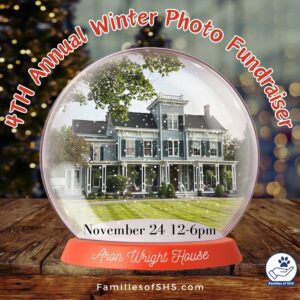 A snow globe featuring the Aron Wright House, announcing a Winter Photo Fundraiser.