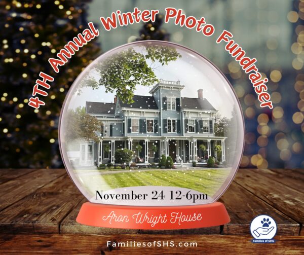 A snow globe featuring the Aron Wright House, announcing a Winter Photo Fundraiser.